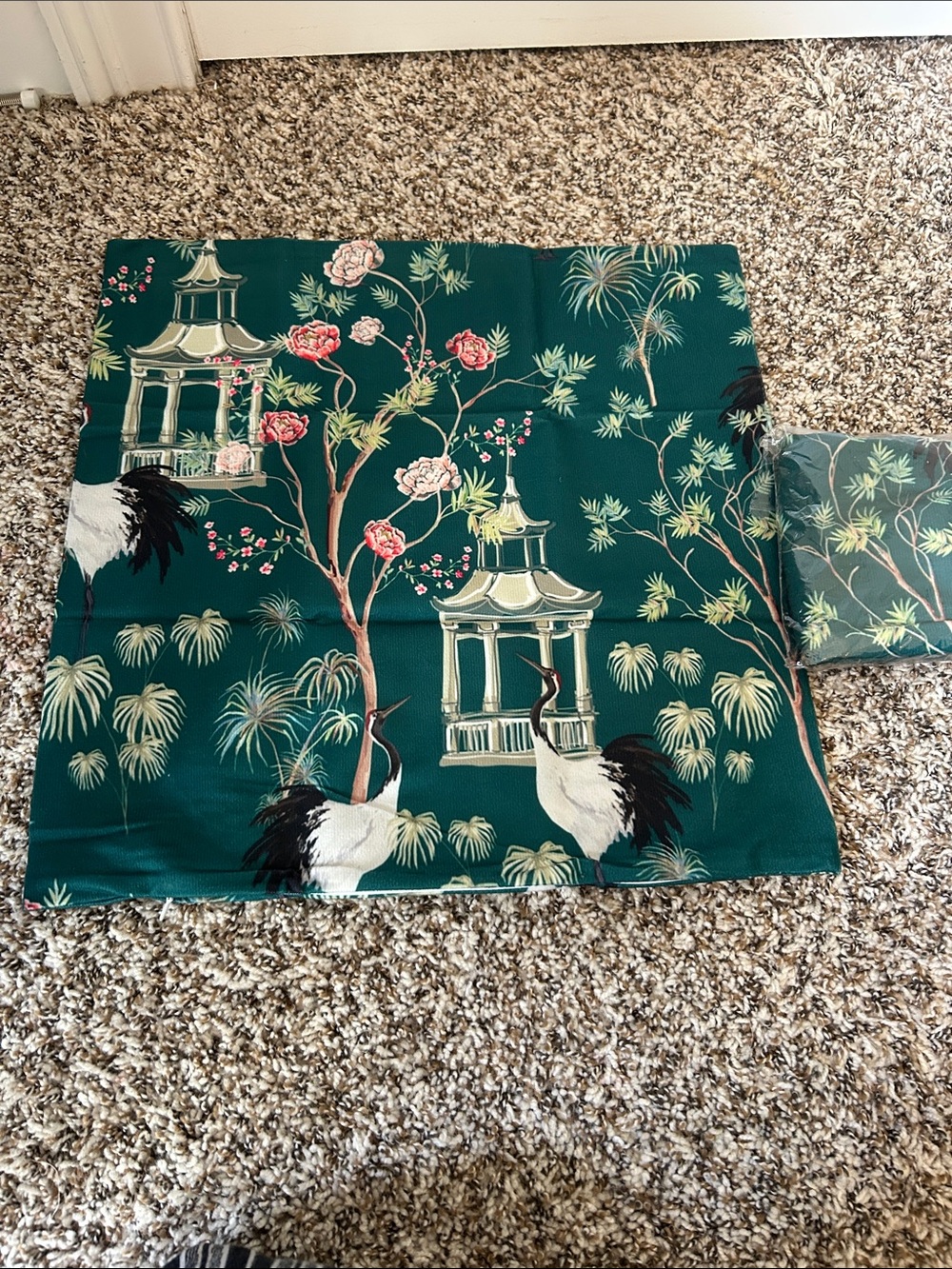 Emerald Green Pagoda & Crane pillow covers x2